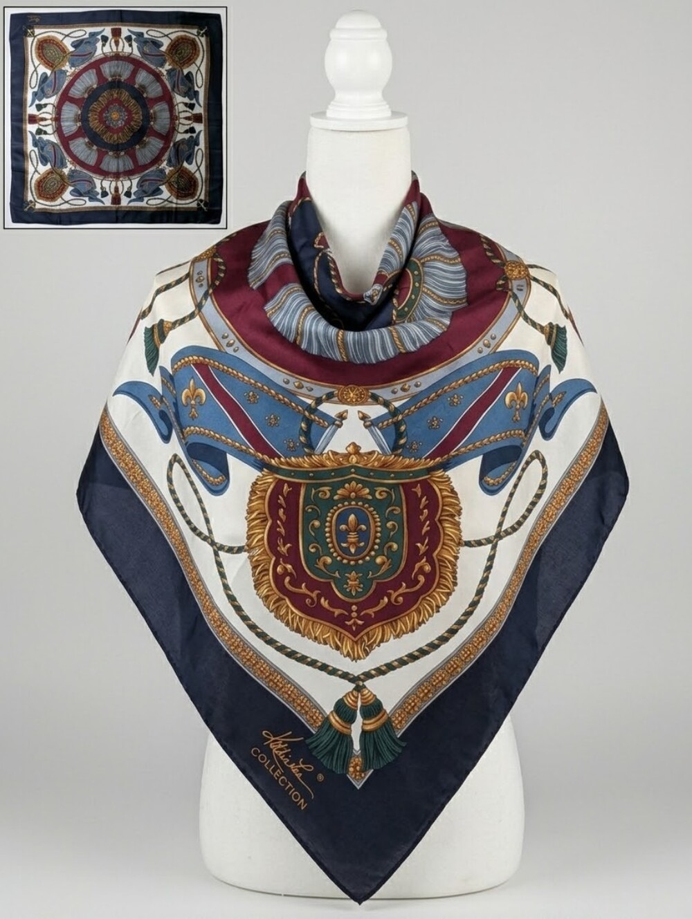 Kathie Lee Collection Silk Scarf Burgundy Blue Gold Square 100% Silk